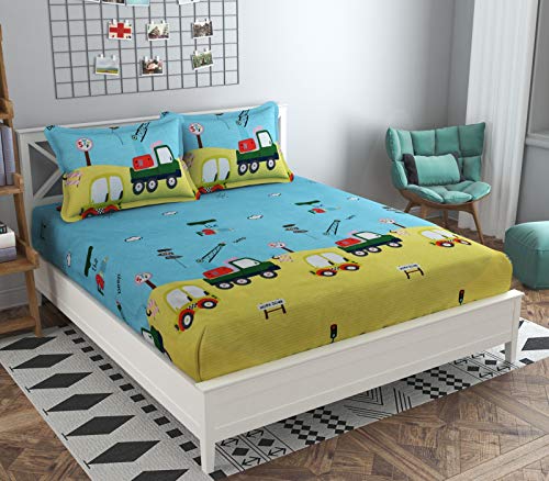 Image of Cotton Feel Glace Cotton Elastic Fitted Bedsheet for King Size Double Bed with 2 Pillow Covers | 300-350 TC Supersoft Fabric 72 x 78 Inch | Pink & Yellow Print
