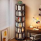 MKSDJIW 6 Tier Rotating Bookshelf 360Β° Solid Wood Spinning Book Shelf Tower on Wheels Rolling Revolving Bookcase for Small Spaces, Corner, Bedroom, Kids Room, Office β Walnut