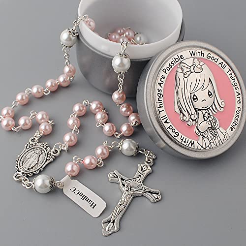 HanlinCC 6mm Glass Pearl Beads First Communion Rosary Necklace with Silver Zinc Alloy Rosary Box2