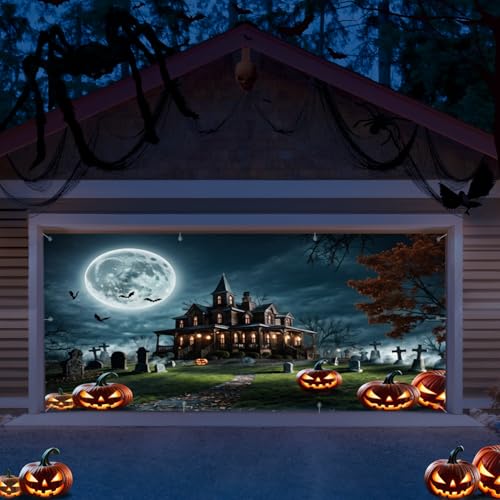 Canessioa Halloween Garage Door Cover Decorations 7x16ft Large Garage Door Banner Halloween Backdrops for Wall Decorations Outdoor Door Cover Haunted House Theme Party Supplies