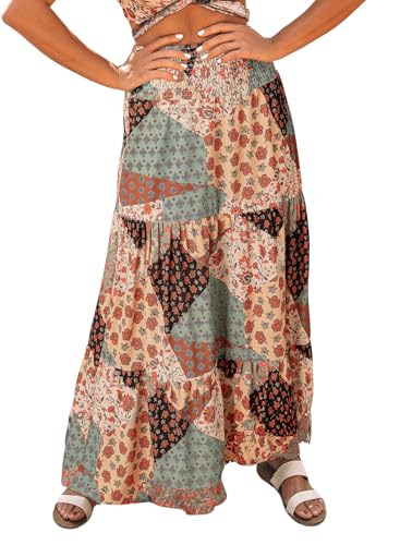 Image of Happy Sailed Womens Floral Print Boho Maxi Skirt Elastic High Waist Pleated Ruffle Flowy Long Skirts S-XL