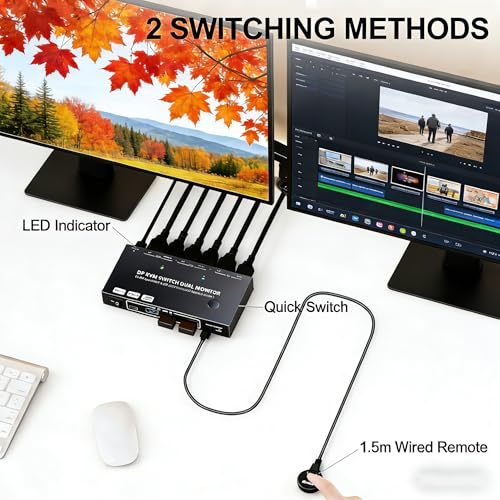 Image of MST Displayport Splitter KVM Switch Dual Monitor 2 Monitors 2 Computers | 2 Port DisPlayport 2 In 2 Out 1 DP IN 2 Screens OUT Max Single 8K@30Hz /Dual 4K@100Hz USB 3.0 with Wired Remote Controller