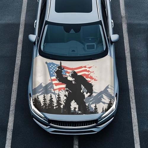 Image of US Flag Bigfoot Printed Car Hood Cover 59x39 Inch Auto Hood Wrap Blankets Stretchable Waterproof Automotive Exterior Accessories for Compact Sedans SUVs Trucks Vans