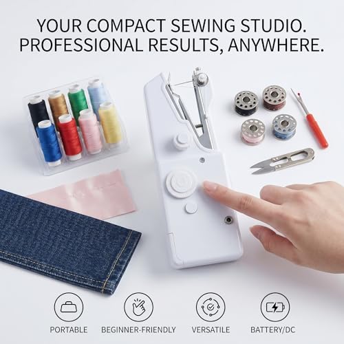 Image of Handheld Sewing Machine, Portable Hand Held Sewing Machine for Adults & Beginners, Cordless Mini Electric Hemming Tool for Denim, Fabric & Quick Home & Travel Repairs (white)