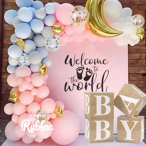 Image of RUBFAC 65pcs Pink and Blue Balloons Kit, 12 Inches Gender Reveal Pastel Pink Blue and White Balloons with Confetti Latex Balloons for Birthday Baby Shower Wedding Gender Reveal Party Decorations