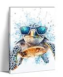Funny Turtle Wall Art Sea Turtle with Glasses Picture Marine Life Painting Watercolor Canvas Prints Modern Artwork for Bathroom Living Room Home Decor Framed(Art-2,12.00'x18.00')
