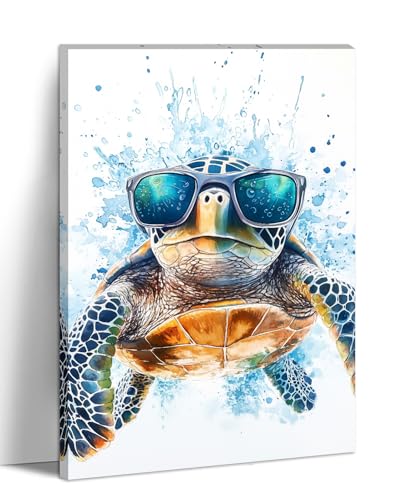 Funny Turtle Wall Art Sea Turtle with Glasses Picture Marine Life Painting Watercolor Canvas Prints Modern Artwork for Bathroom Living Room Home Decor Framed(Art-2,16.00"x24.00")