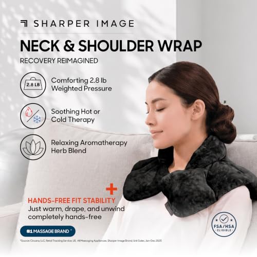 Image of Sharper Image Heated Neck & Shoulder Wrap - Microwavable Warm & Cooling Plush Pad, Scented Aromatherapy (100% Natural Lavender & Herb Spa Blend), Pain Tension Headache Relief Therapy, Gift for Women