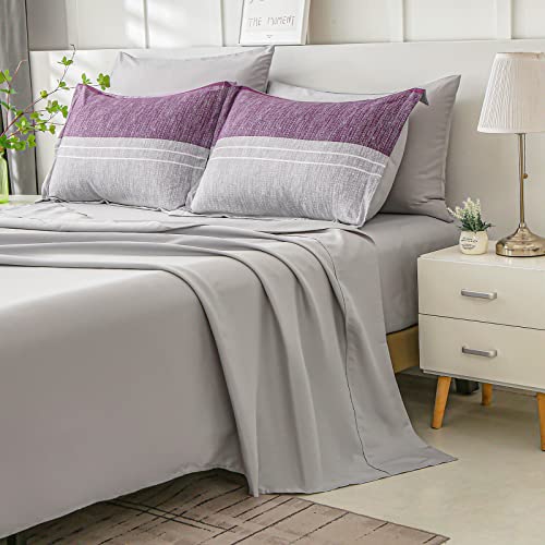 Flymme Striped Patchwork Bed In A Bag 7 Pieces,Purple White Grey Stripe Pattern Queen Comforter Set With Sheets, Soft Lightweight Bedding Sets Collections For All Season (Purple 90''X 90'') #TOP2
