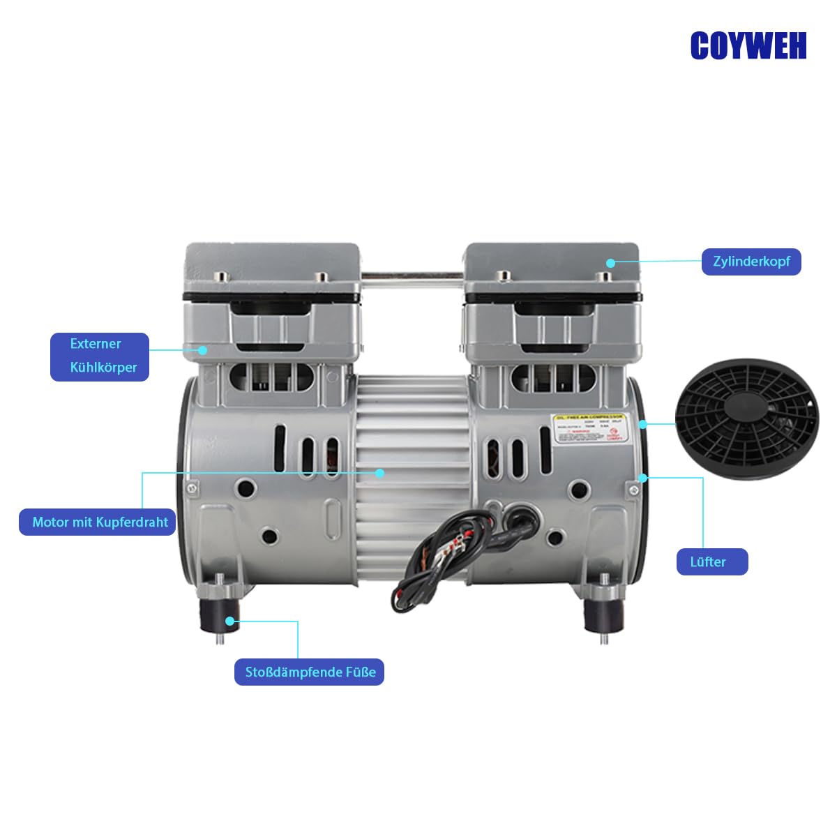 750W/1HP Flüsterkompressor 8 Bar Motor Ölfreies Kompressor Aggregat 145L/min 65dB leise ölfrei flüster Kompressor Compressor Mit 4 stoßdämpfenden Füßen