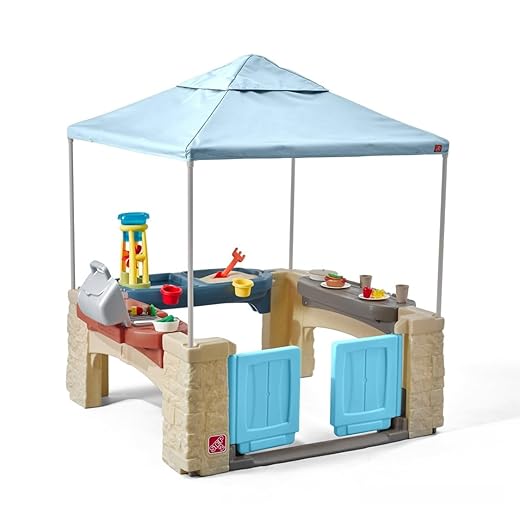 Step2 All Around Playtime Patio with Canopy, Kid Indoor and Outdoor Kitchen Playset, Sensory Playhouse, Kids Ages 2+ years old, Easy Assembly, Green