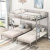 Bellemave Full Over Twin Over Twin Bunk Bed for 3 Kids,Heavy Duty Triple Bunk Bedwith Built-in Shelf, Heavy-Duty Steel Frame Bunk Bed with Safety Rail, Full Over Twin Over Twin Triple Bunk (Silver)