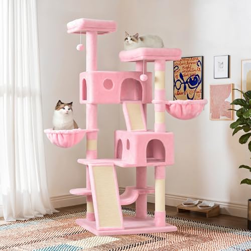 Image of SHA CERLIN 65in Larger Cat Tree Tower Condo for Indoor Kitties /Multi-Level Furniture Activity Center with Wide Base /Cozy Plush Cat Perches /Baskets /Sisal Scratching Posts and Hammock /Pink