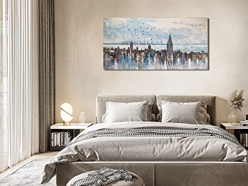 Arjun Cityscape Wall Art New York City Skyline Buildings Picture Modern Abstract Grey Skyline Birds Painting Framed Artwork For Bedroom Living Room Bathroom Home Office Decor, Large Size 40"X20" #TOP2