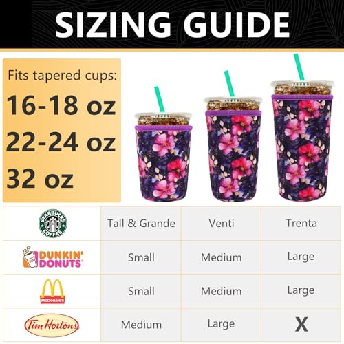 Image of YR Reusable Neoprene Insulator Sleeve for Iced Coffee Cups, 3 Pack Coffee Coolies sleeves for Iced & Hot Drinks, Cold Beverage Cooler Compatible with Starbucks Coffee and More (Fuchsia Floral)