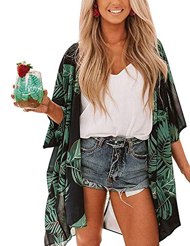 Women's Sheer Chiffon Floral Print Kimono Casual Loose Open Front Cardigan Blouse Tops Cover Up