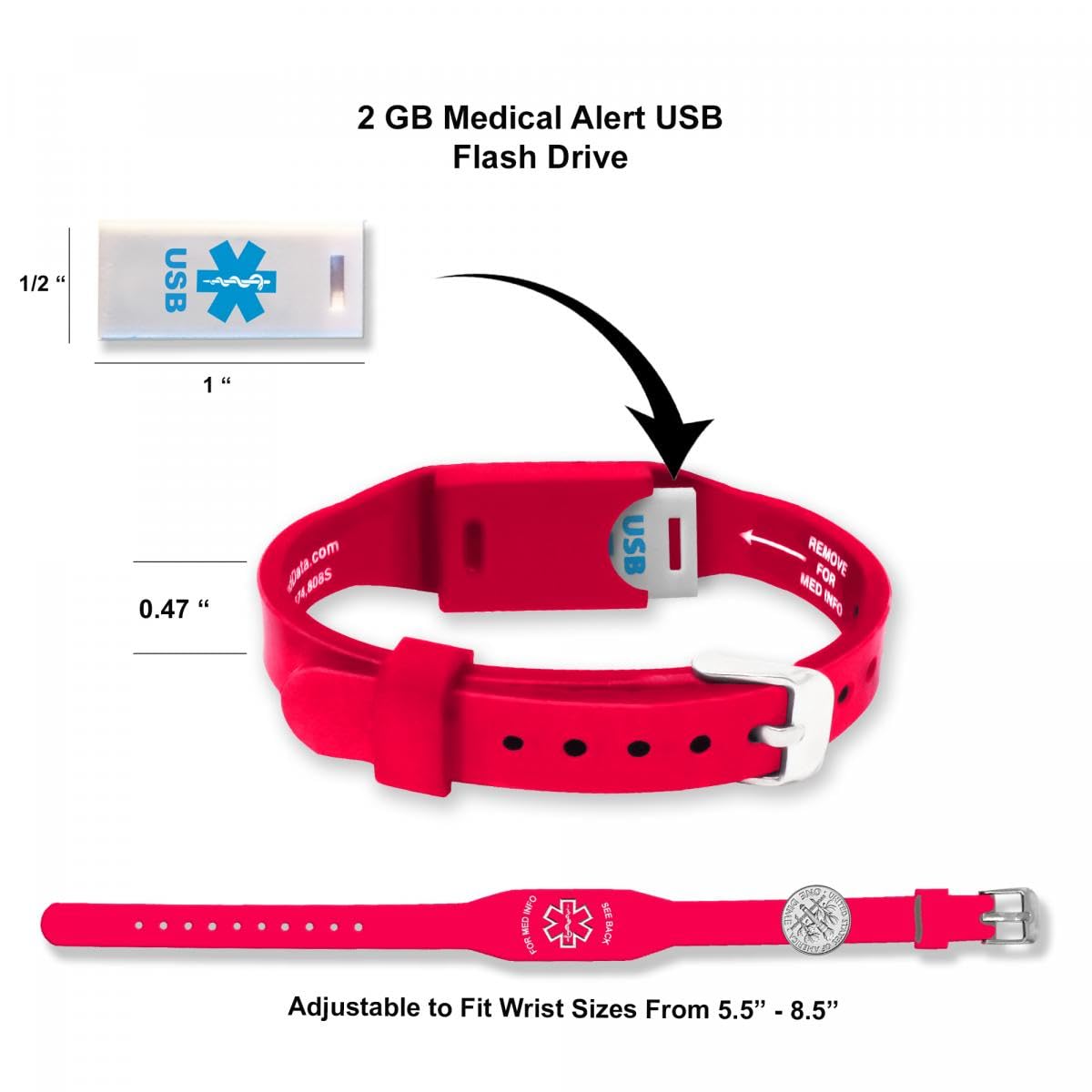 Elite II - Pulsera de silicona hipoalergénica impermeable con tarjeta de identificación médica, 2 GB, incluye tarjeta de alerta médica, acceso gratuito PHR (registro de salud personal), color rojo