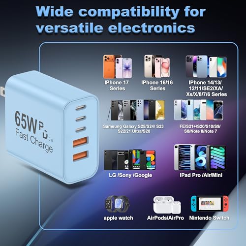 Image of USB C Charger Block, 2-Pack 65W 6-Port USB C Wall Charger iPhone Charger Fast Charging PD Power Adapter+QC Wall Plug Multiport Type C Brick Chargers for iPhone 17 16 15 14 13 12 11 Pro Max XS,Blue