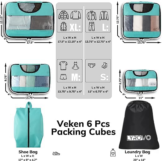 Image of Lyrovo Travel Organizer Packing Cubes - 6 Pcs Bags Set for Clothing Accessories Organiser Polyester (Blue)