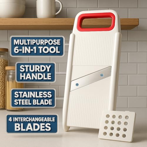 Image of 6-in-1 Vegetable Slicer for Kitchen, Slicer and Grater, Multi-Purpose Manual Slicer with Stainless Steel, Interchangeable Blades, Vegetable Cutter, Grater & Chopper for Home Use