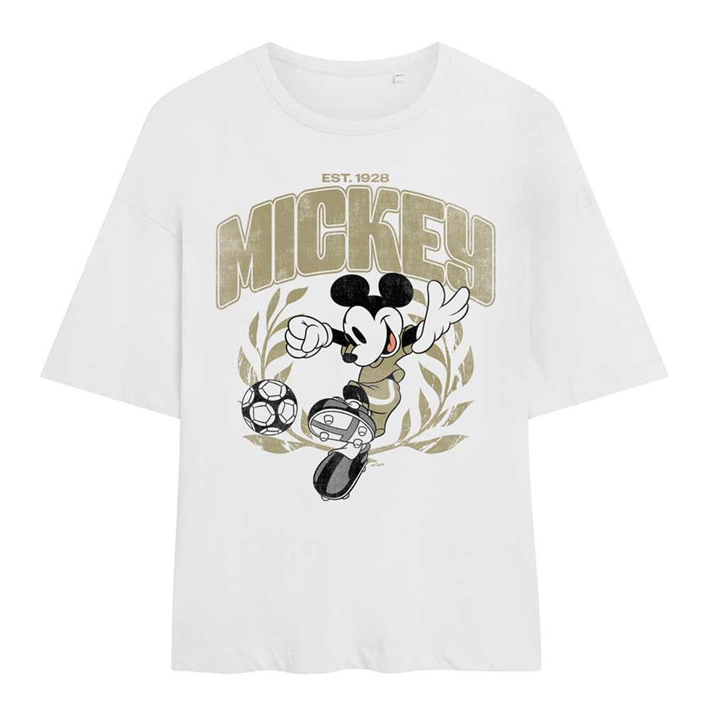 Disney Women's Mickey Mouse Laurel Football Oversized T-Shirt, White | Size: XL