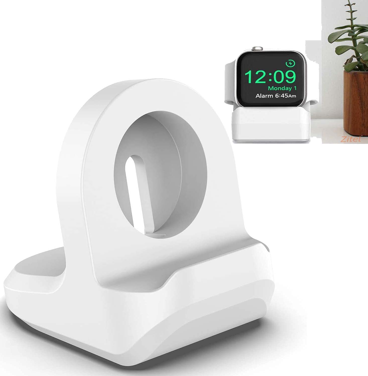 Zitel® Charger Stand Compatible with Apple Watch 49mm, 46mm, 45mm, 44mm, 42mm, 41mm, 40mm, 38mm - All Series Silicone Nightstand Mode (White)