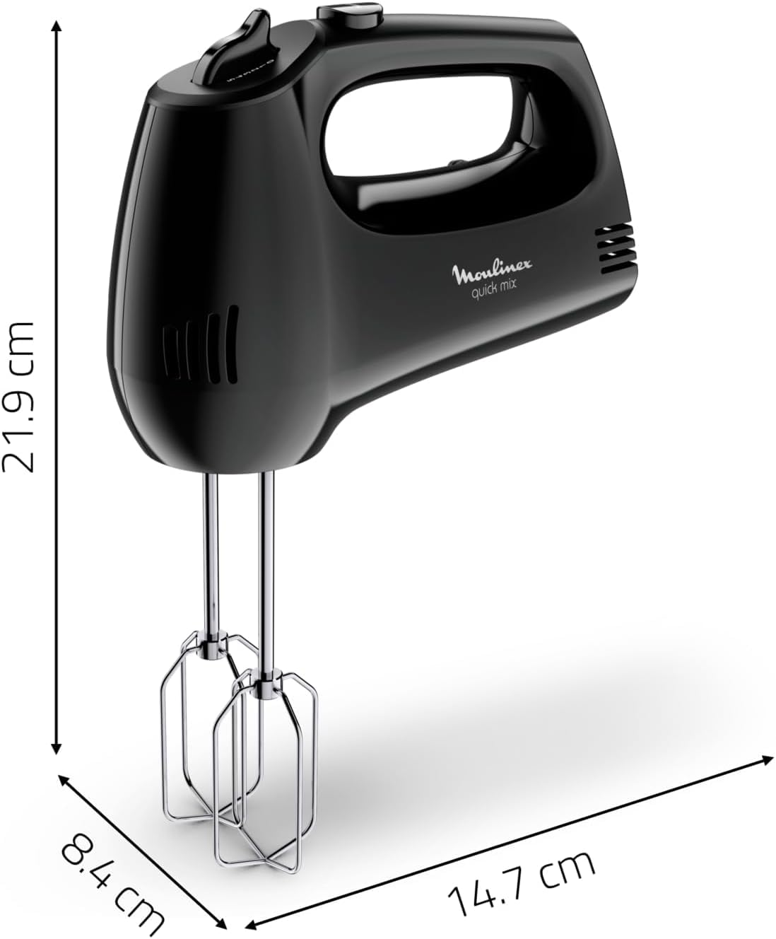 Moulinex Quick Mix, Batteur à main, 300 W, Fouets et crochets pétrisseurs en acier inoxydable, Poignée ergonomique, 5 vitesses réglables + Pulse, Compact, HM3108B1, Noir