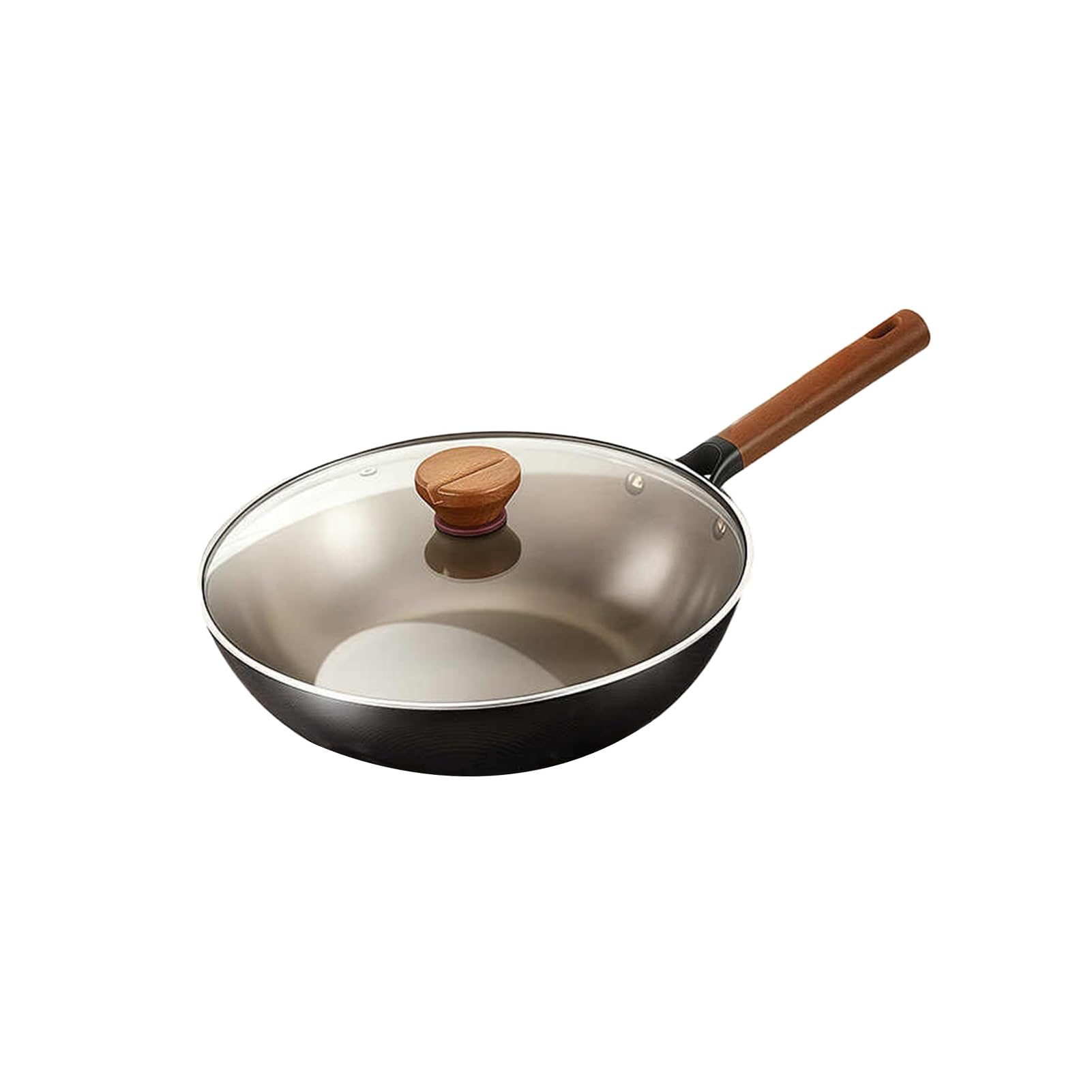 Genérico Wok Con Tapa De Vidrio,Woks Fondo Plano Presazonados,Sartén Cocción Diaria Compatible Estufas Gas Eléctricas(34cm)