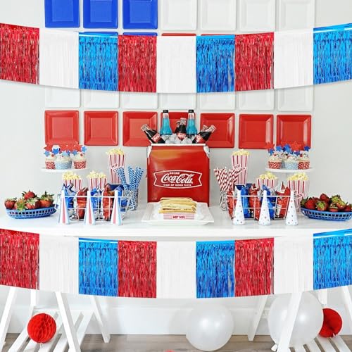 Image of 4th of July Decorations 5 Pack 10 Feet 4th of July Foil Fringe Garland Tinsel Streamers Patriotic Parade Float Fringe Star Hanging Backdrop Banner Table Skirts for Memorial Day Independence Day
