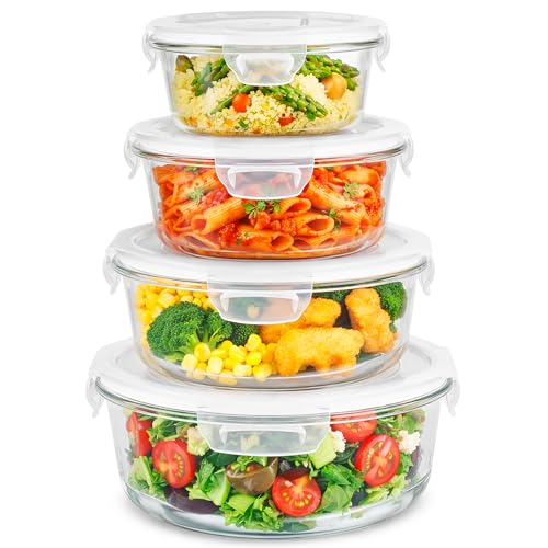 Innoteck 4pc Round Glass Storage Container Set with Snap Lock Lids - Watertight & Airtight Lids - Heat & Cold Resistant Glass - Microwave Oven Freeze & Dishwasher Safe - for Meal Prep Set of 4