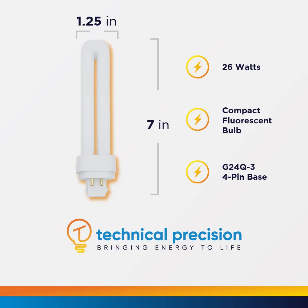 26W CFL Bulb Replacement for Philips Pl-c/4p 26w/835 USA by Technical Precision - 7 Inches T4 Twin-Tube Compact Fluorescent Light Bulb - G24Q-3 4-Pin Base - 3500K Standard White - 1 Pack