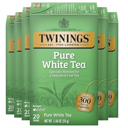 Twinings Pure White Tea Individually Wrapped Bags, 20 Count (Pack of 6), Light & Fresh, Caffeinated, Enjoy Hot or Iced, 120 Teabags
