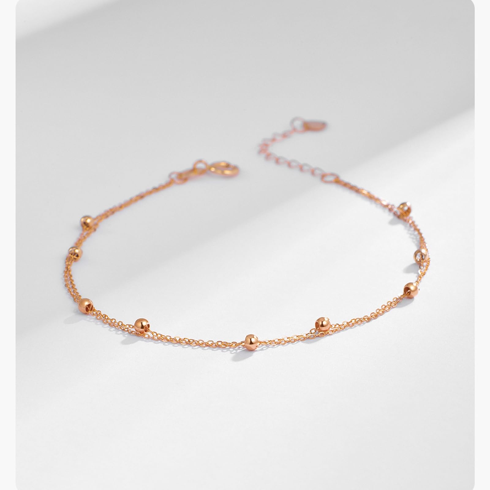Bracciale Oro Rosa 18k/14k/9k, Bracciale Catena Doppia con Perline 16-18 cm Estensione 4 cm, Braccialetti Donna Matrimonio
