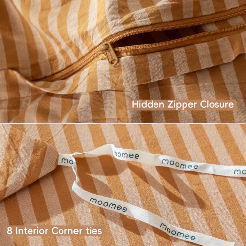 Image of MooMee Striped Duvet Cover Set 100% Washed Cotton Linen Like Queen | Relaxed Linen-like Texture. Soft, Breathable & Long-lasting Comfort. Lightweight. Hidden Zipper with 8 Interior Corner Ties