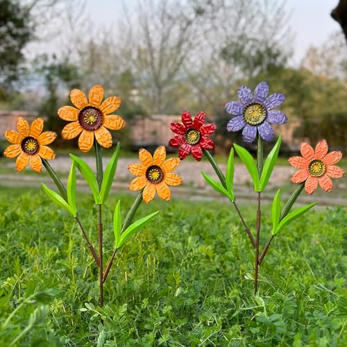 HUTHDAK Metal Flowers for Outside 2 Pack Large Colorful Decorative Garden Stakes Yard Art Spring Garden Decor for Lawn Pathway & Garden(21.9 * 12IN)