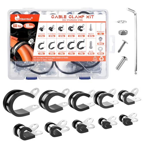 WYSIWYKA 220PCS Cable Clamps Assortment Kit 10 Sizes,304 Stainless Steel Rubber Cushion Pipe Clamps 1/4