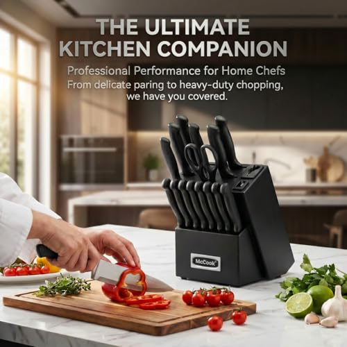Image of McCook Premium Black Knife Sets,German Stainless Steel Kitchen Knives Block Set with Built-in Sharpener, 20-Piece Razor-Sharp Kitchen Knives with Ergonomic Handles, Elegant Box for Gift, Black