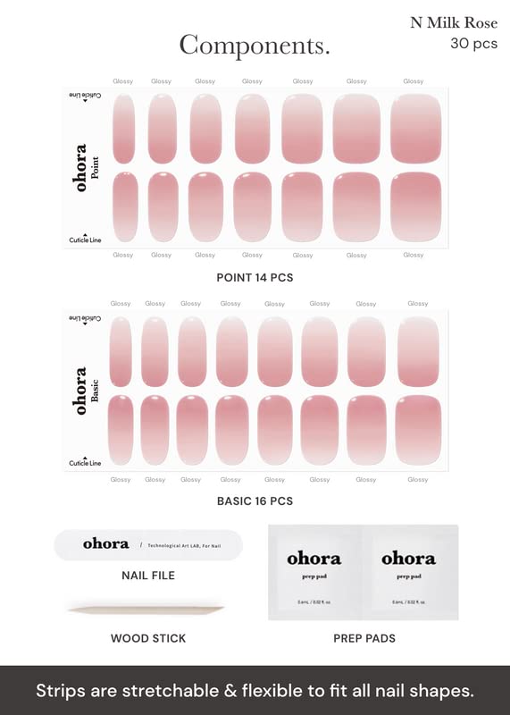 ohora Semi Cured Gel Nail Strips (N Milk Rose) - Works with Any Nail Lamps, Salon-Quality, Long Lasting, Easy to Apply & Remove - Includes 2 Prep