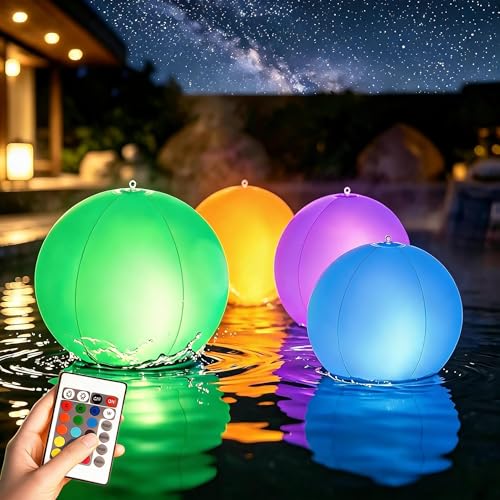 LOQOMI Solar Floating Pool Lights - 4 Pack 14 Inch 16 Color Changing LED Inflatable Balls Waterproof Solar Powered Glow Balls for Yard Pond Party Wedding Outdoor Decor