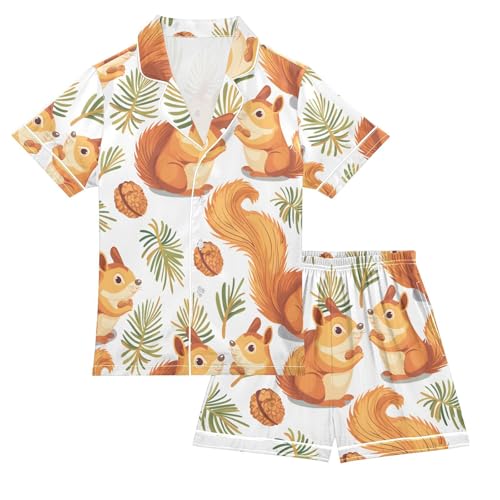 ALAZA Cute Squirrel Pine Nut Pajamas Satin Pajama Set Short Sleeve Button Down Sleepwear