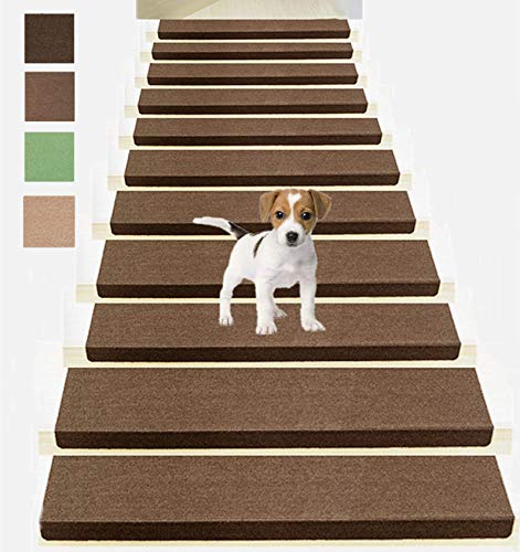 🔥 Non Slip Bullnose Carpet Stair Treads,Indoor Stair Runners for Steps,Soft Stair Rugs for Kids,Elders,and Dogs Safety, Set of 14 Carpet Treads for Wood Stairs,Self Adhesive,9" x28"x1.8",Brown