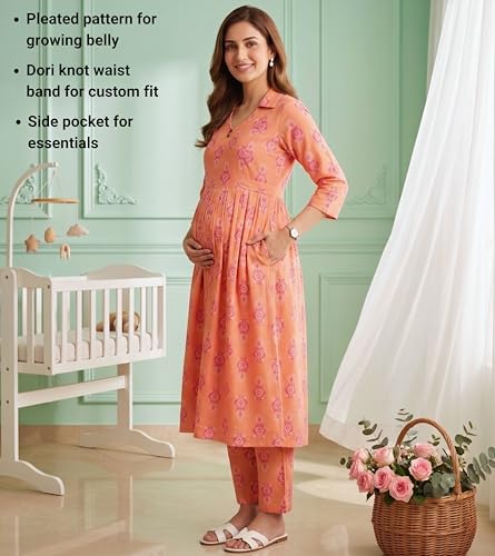 Image of DUMMY SHAPE Maternity Dresses for Women Cotton Rayon | Floral Kurta Pant Dupatta Set with Nursing Zippers to Pre & Post Partum | Feeding Kurtis | Mom to Be Gifts for Pregnant Woman