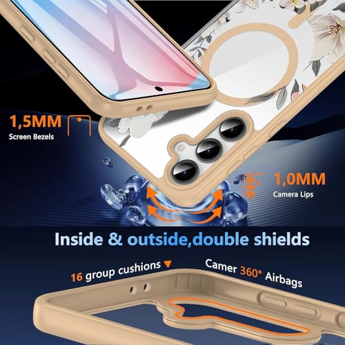 Image of VONZEE Compatible with Samsung S24 FE 5G Case Luxury Retro Flowers Floral Clear for Magnetic Wireless Charging Case Shockproof Case PC+TPU Cute Glossy Shiny Cover for Girls Women|Desert Titanium