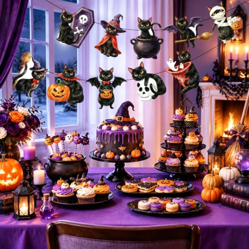 Image of Vintage Halloween Black Cat Banner Decor for Pet Halloween Birthday Party