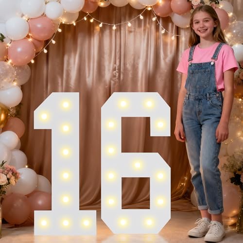 Image of Pooqla 2.4FT Light Up Numbers for Sweet 16 Party Decorations, Marquee Numbers 2.4 Feet Tall Party Decor for Her Him, Mosaic Big Sign for 16th Birthday Decoration Backdrop, Warm White Large Number 16