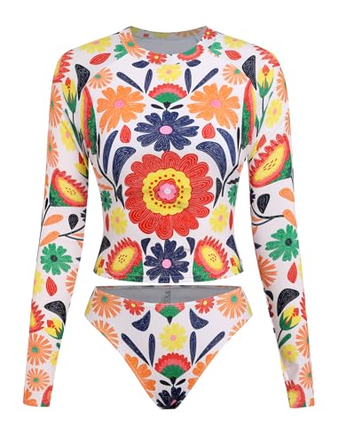 Image of ZAFUL Womens Rash Guard Swimsuits Long Sleeve Sun Protection Bathing Suit Tropical Swim Shirts with Briefs