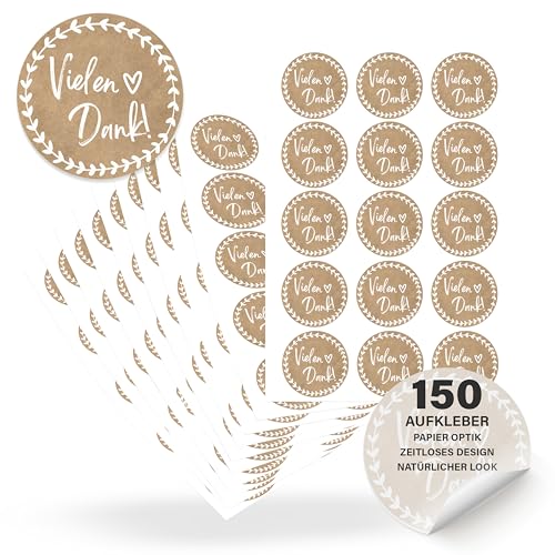 ECCK Danke Aufkleber rund Vielen Dank (150 Stück) - Dankeschön Sticker für Hochzeit Geburtstag Konfirmation Kommunion Muttertag Lehrerin & Erzieherin Deko für Karten Geschenke & Mitgebsel