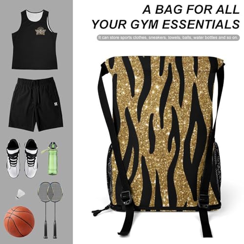 Gold Black Tiger Pattern Drawstring Backpack Gym Bag With Shoe Compartment String Bag Sport Beach Sackpack3