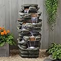 SunJet 48" High 7-Tiers Cascading Rock Outdoor Water Fountain with LED Lights - Large Outdoor Fountains and Waterfalls for Garden or Patio, Yard, and Deck Decor, Featuring Natural Stone Look