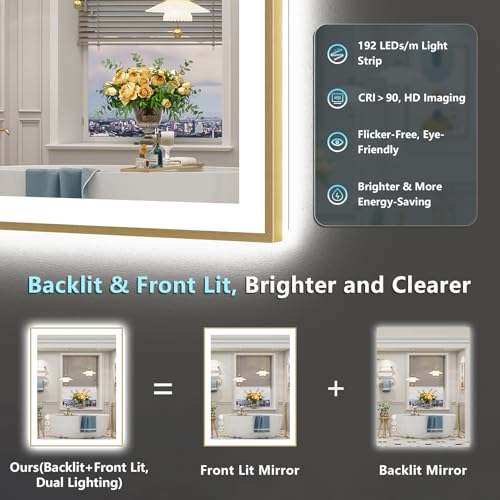 Image of 24x32 Gold LED Bathroom Mirror with Lights, Brushed Gold Framed Backlit and Front Lit Anti-Fog Lighted Vanity Mirrors for Bathroom Wall, Dimmable, 3 Colors, Memory, HD Tempered Glass, CRI 95